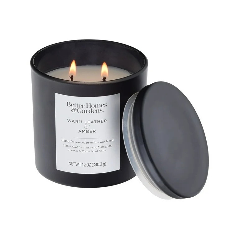 Better Homes & Gardens 12oz Warm Leather & Amber Scented 2-Wick Jar Candle with Glass Lid - Walma... | Walmart (US)