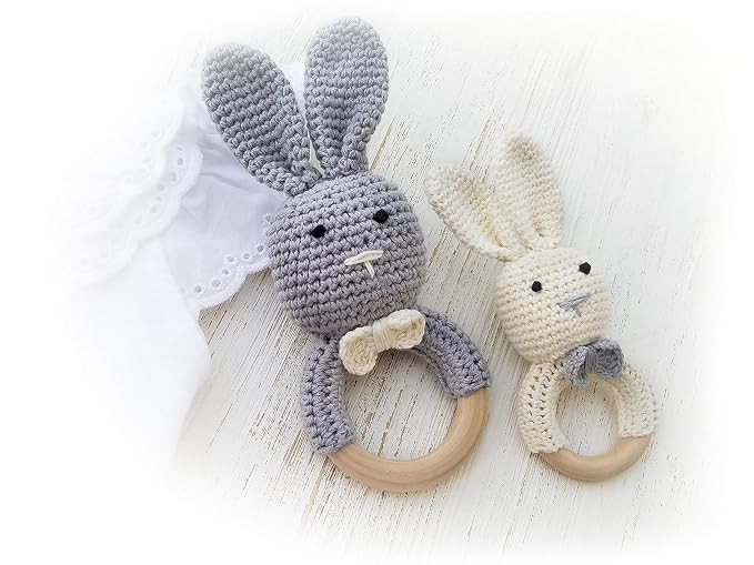 Natural Wooden Baby Toys Cotton Crochet Bunny Teething Ring Teether Rattle Set of 2 Newborn Unise... | Amazon (US)