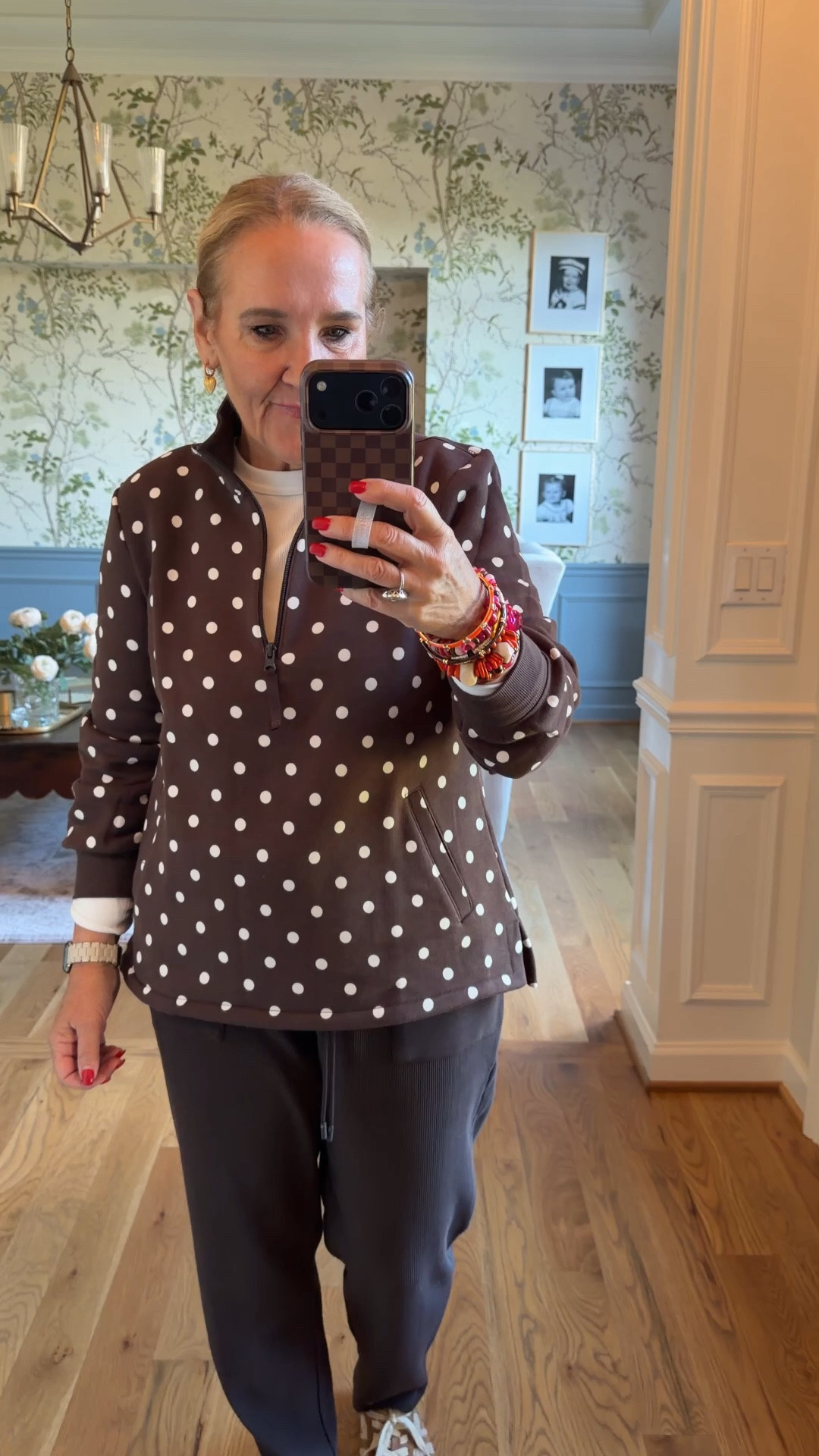 Fun polkadot fleece with a half zip. Front pockets. I did get a medium petite.
A ribbed athletic pant these are selling fast available in Brown and cream. Tap the link that is pictured in cream and you can select the Brown checkout.
The pants are a size medium regular
20% off my bracelet stack with code NANETTE20

#LTKSaleAlert #LTKOver40 #LTKootd
