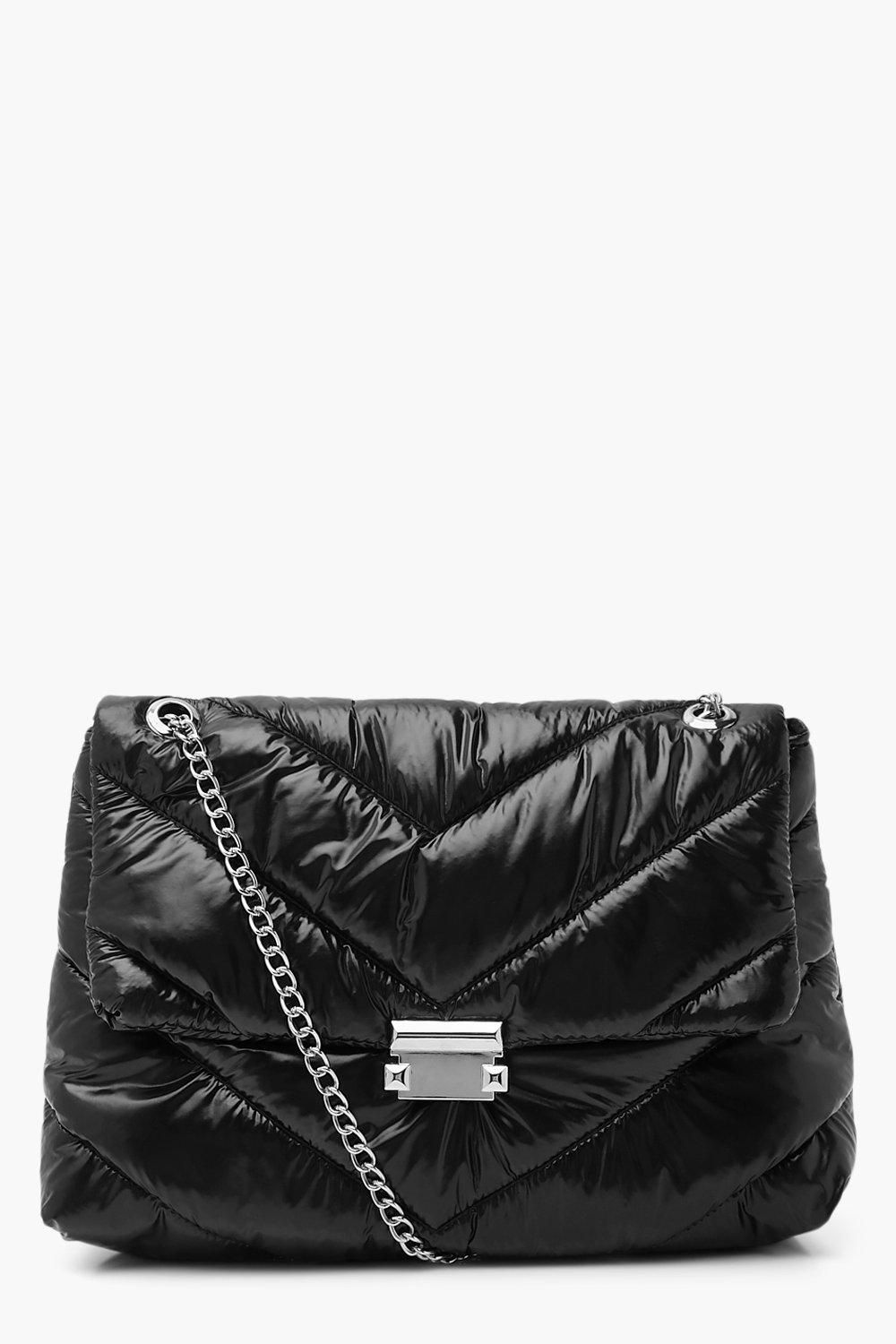 Womens Nylon Quilted Cross Body Bag With Chain - Black - One Size | Boohoo.com (US & CA)