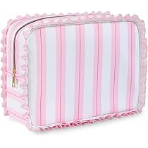 Stripe Ruffle Makeup Bag,Large Travel Cute Cosmetic Bag for Women Girls,Toiletry Bag Make up Orga... | Amazon (US)
