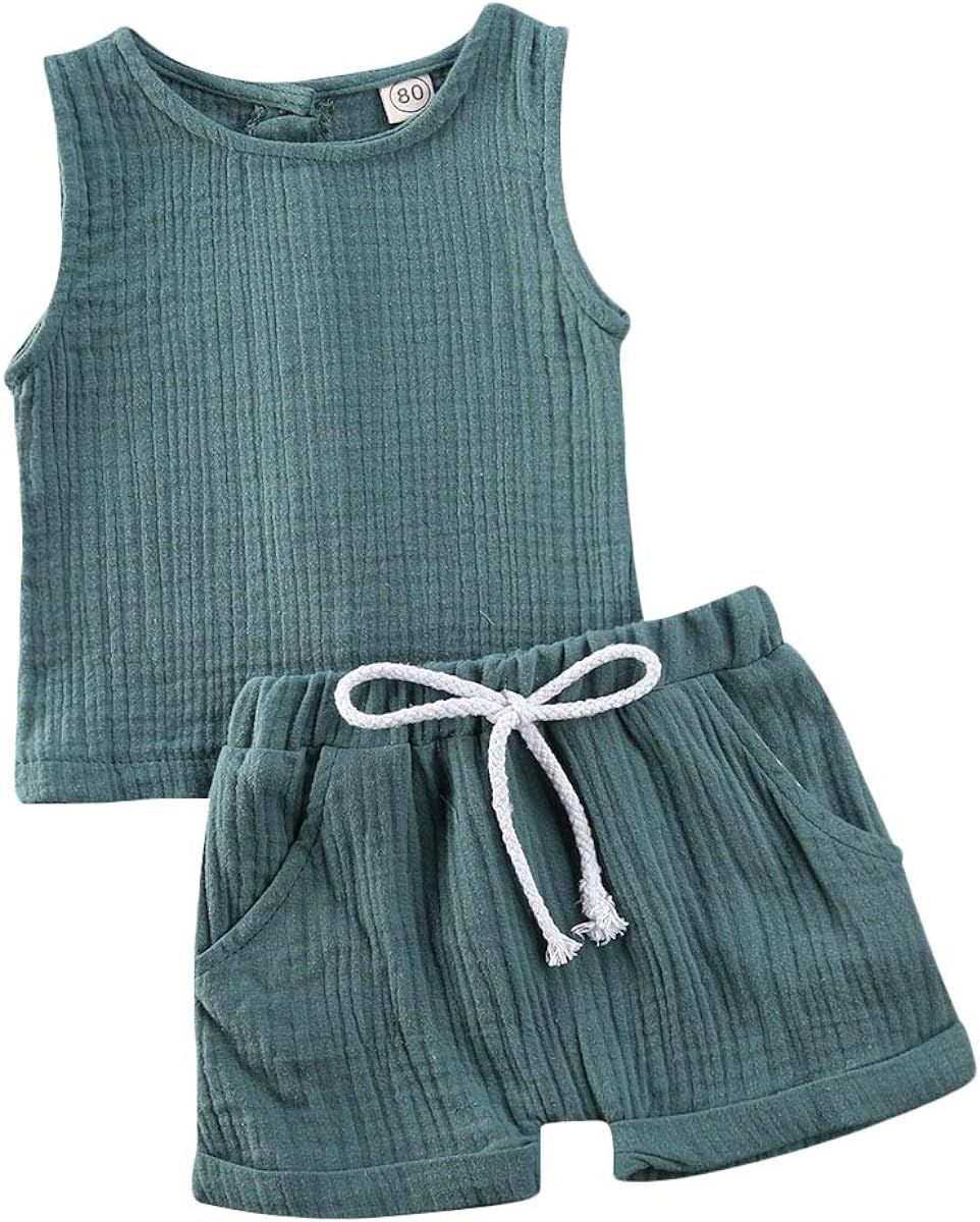 Karuedoo Toddler Baby Girl Cotton Linen Shorts Set Sleeveless Tank Top Drawstring Elastic Waist S... | Amazon (US)