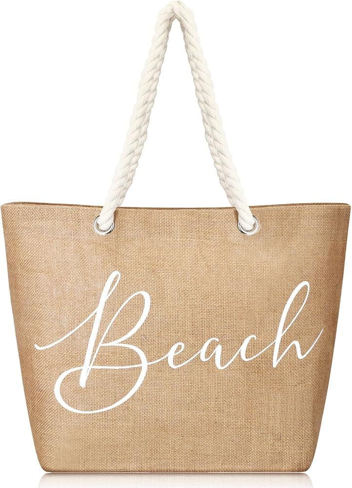 Jute Beach Tote Bag Large Beach Shoulder Bag with Cotton Handles Waterproof Handbag for Women Tra... | Amazon (US)