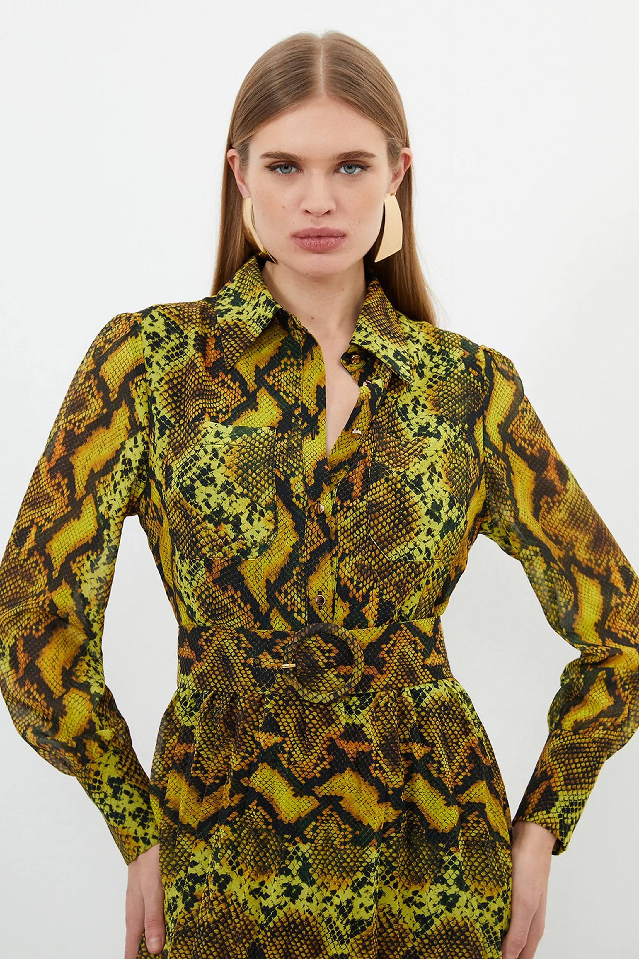 Petite Snake Print Georgette Woven Shirt Midi Dress | Karen Millen US