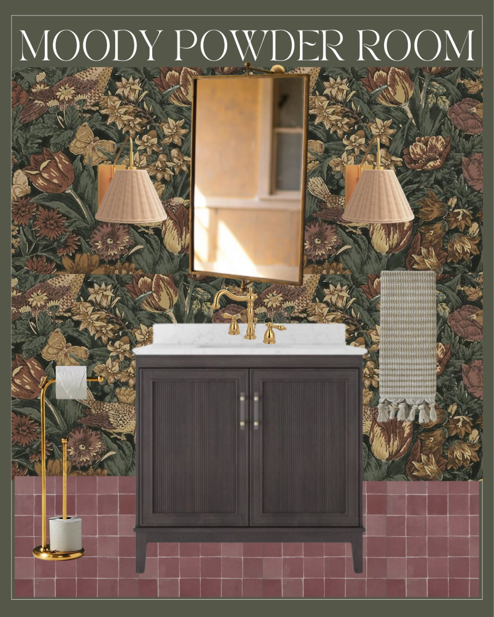 Moody floral powder room 

Bathroom, tile, wallpaper, powder room, moody, home decor, hardware, vanity, bathroom vanity, lighting, bathroom lighting, wall lighting, wall sconces, wall mirror, brass mirror, brass lighting, towel, interiors 

#LTKHome #LTKFindsUnder100 #LTKStyleTip