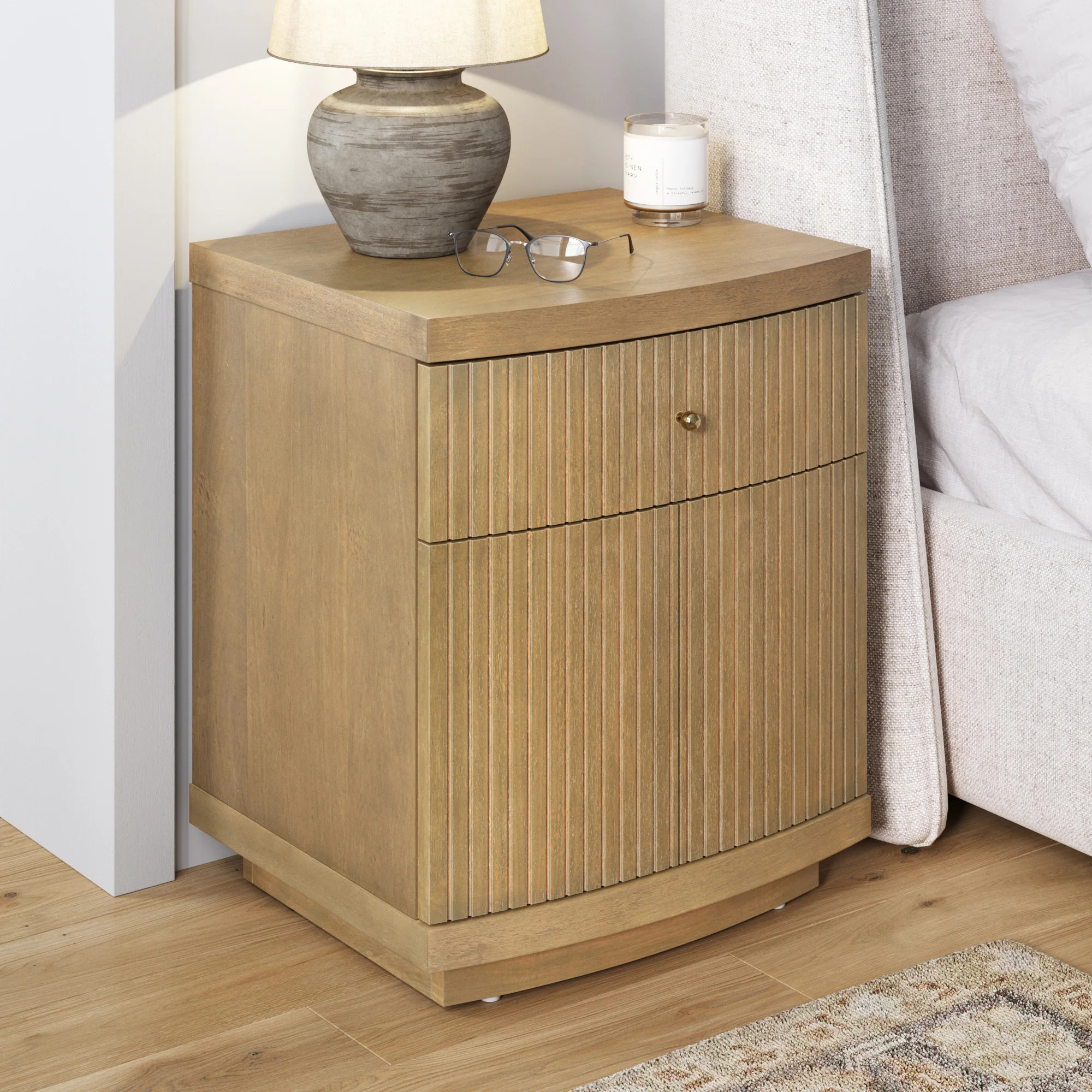 Fluted Nightstand with Drawer and Cabinet Storage Light Brown | Nathan James