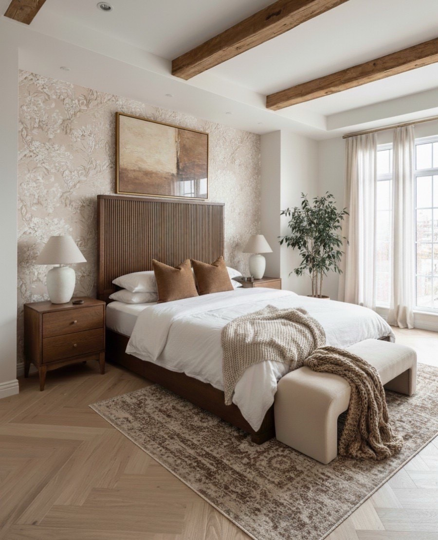 A soft balance of warm and cool tones gives this bedroom its timeless charm. The walnut ribbed headboard anchors the space with rich warmth, paired with caramel velvet pillows that bring a touch of depth. Crisp white bedding keeps the look fresh, while a taupe knit throw drapes effortlessly across the bed for texture. The cream upholstered bench and beige patterned rug create a cohesive, layered foundation. Matte white ceramic lamps and natural wood nightstands tie in with the beige and ivory abstract artwork, all illuminated by the glow of sheer linen curtains filtering soft natural light.

Shop the look:
Walnut ribbed bed | Caramel velvet pillows | White bedding | Taupe knit throw | Cream upholstered bench | Beige patterned rug | Matte white lamps | Natural wood nightstands | Abstract wall art | Linen curtains | Indoor olive tree 

#LTKSaleAlert #LTKHome
