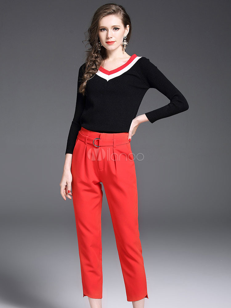 Red Pants Set V Neck Long Sleeve Striped Sweater With Casual Pants For Women | Milanoo