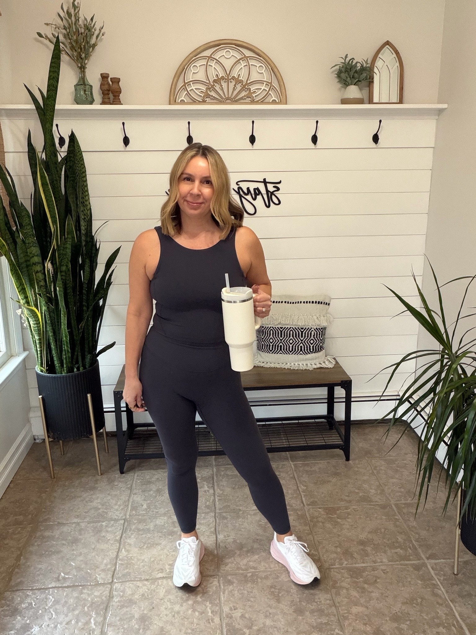 No front seam workout leggings with matching tank with built in bra. I’m wearing a medium and my favorite gym sneakers

#LTKfitnessgoals #LTKActive #LTKOver40