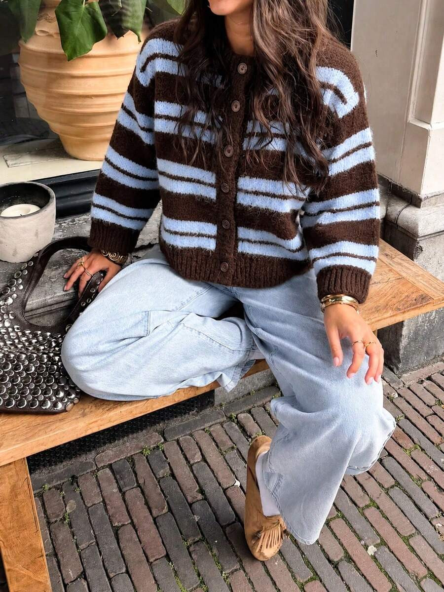 FOR BEAUTY Women's Y2K Brown & Blue Striped Fuzzy Round Neck Button-Up Short Cardigan Knit Sweater, Autumn/Winter Party & Date Outfit Fall | SHEIN