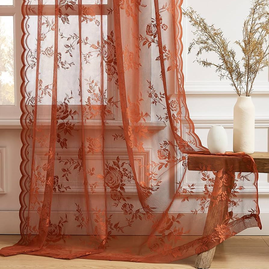 Burnt Orange Lace Curtains Country Rustic Floral Curtain for Living Room Bedroom Fall Autumn Deco... | Amazon (US)