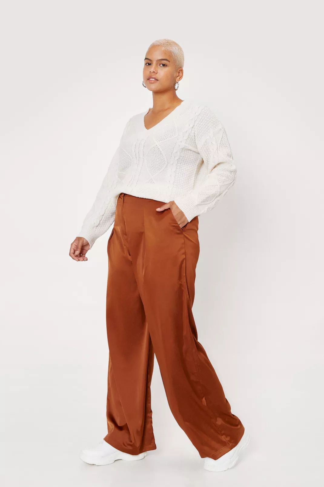 Plus Size Pleat Front Satin Wide Leg Trousers | Nasty Gal (US)