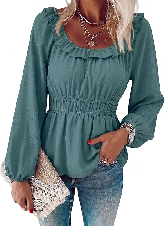 Womens Puff Long Sleeve Babydoll Tops Square Neck Ruffle Peplum Blouse Smocked Loose Fit Tunic To... | Amazon (US)