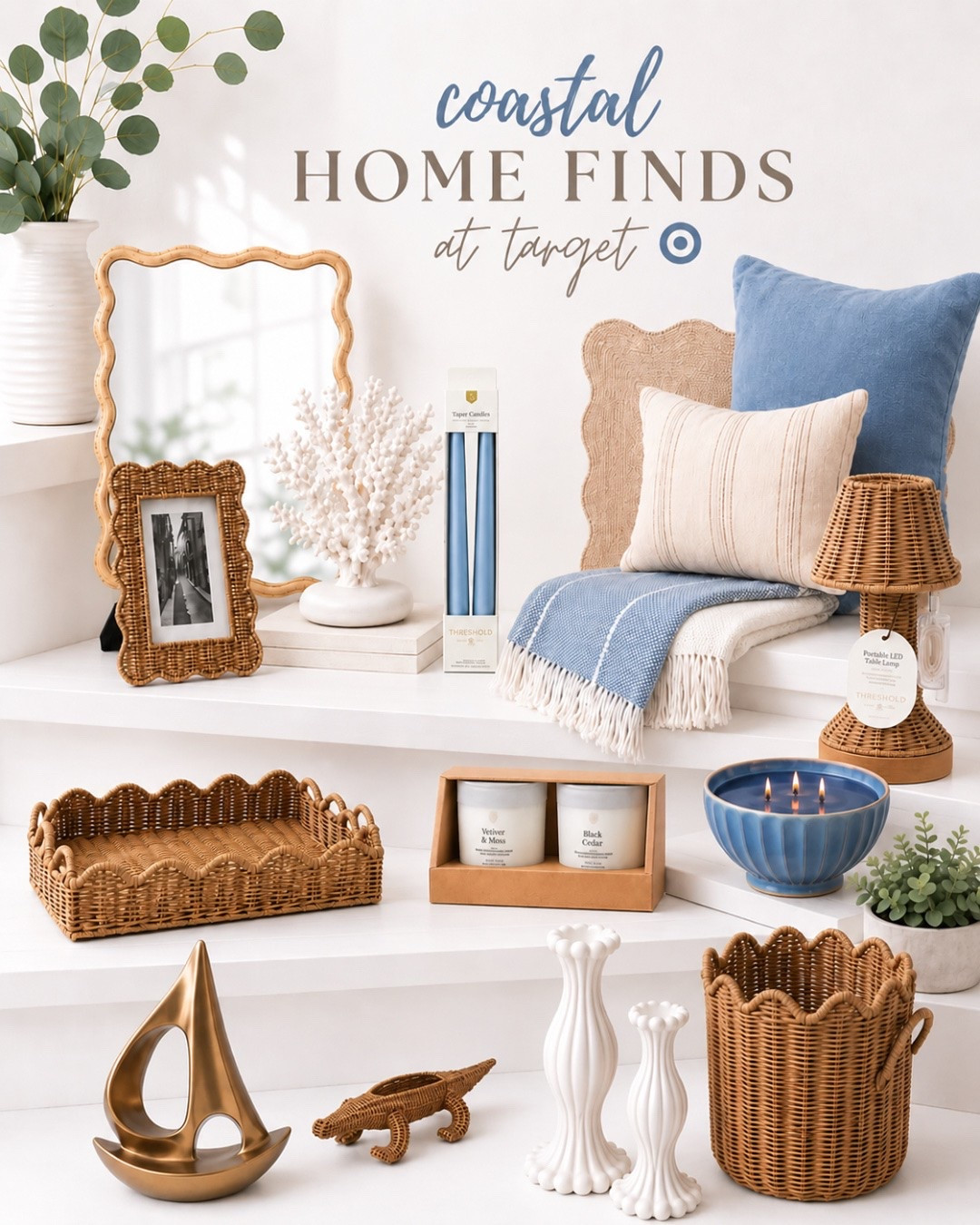 🌊 🐚Coastal Home Finds at Target You Need to See!! 

If you love light, bright, beachy spaces, these finds are perfect for creating that relaxed coastal look without spending a fortune.

✨ My favorites:
• Wavy wood mirror
• Woven LED lamp
• Blue striped throw
• Soft blue & neutral pillows
• Wicker baskets & tray
• Blue bowl candle
• White ceramic coral & candle holders
• Gold sailboat accent
• Woven alligator decor

Everything works together for an airy, collected coastal vibe that’s perfect year-round.

#LTKHome
