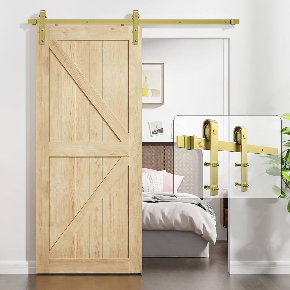 6.6FT Colorful Sliding Barn Door Hardware Track Kit, Gold Roller Kit for 1 Door, J Shape(No Door)... | Amazon (US)