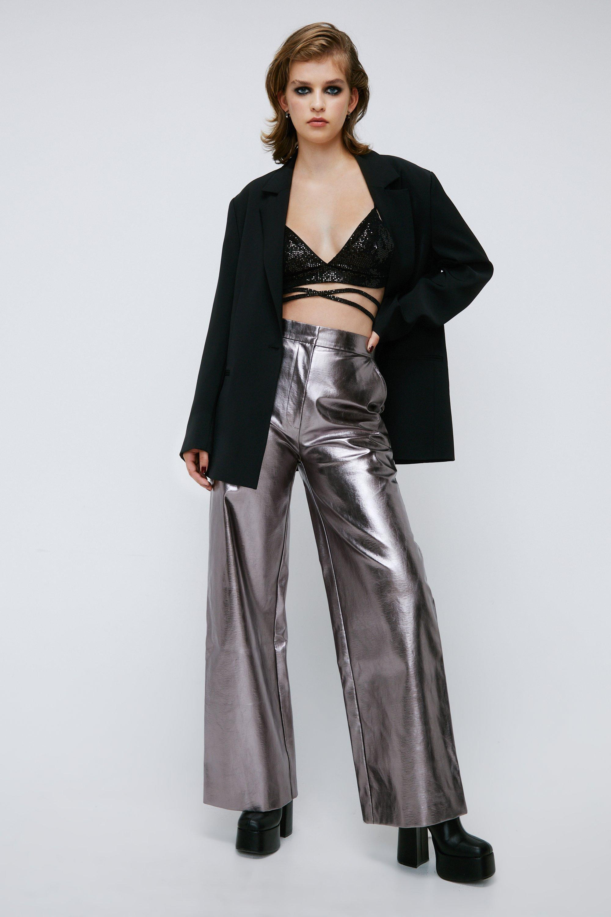Womens Faux Leather Straight Leg Metallic Pants - Silver - 6 | Nasty Gal (US)