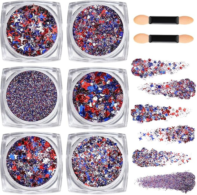Teenitor Body Glitter Gel, 6 Shape Red White and Blue Face Glitter, 4th of July Accessories Hair ... | Amazon (US)