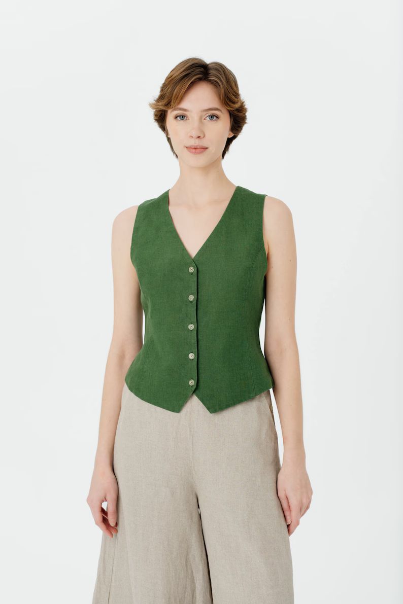 LINEN VEST WOMEN Linen Waistcoat Women, Emerald Green Sleeveless Vest, Classic Women's Vest, Mid ... | Etsy (UK)
