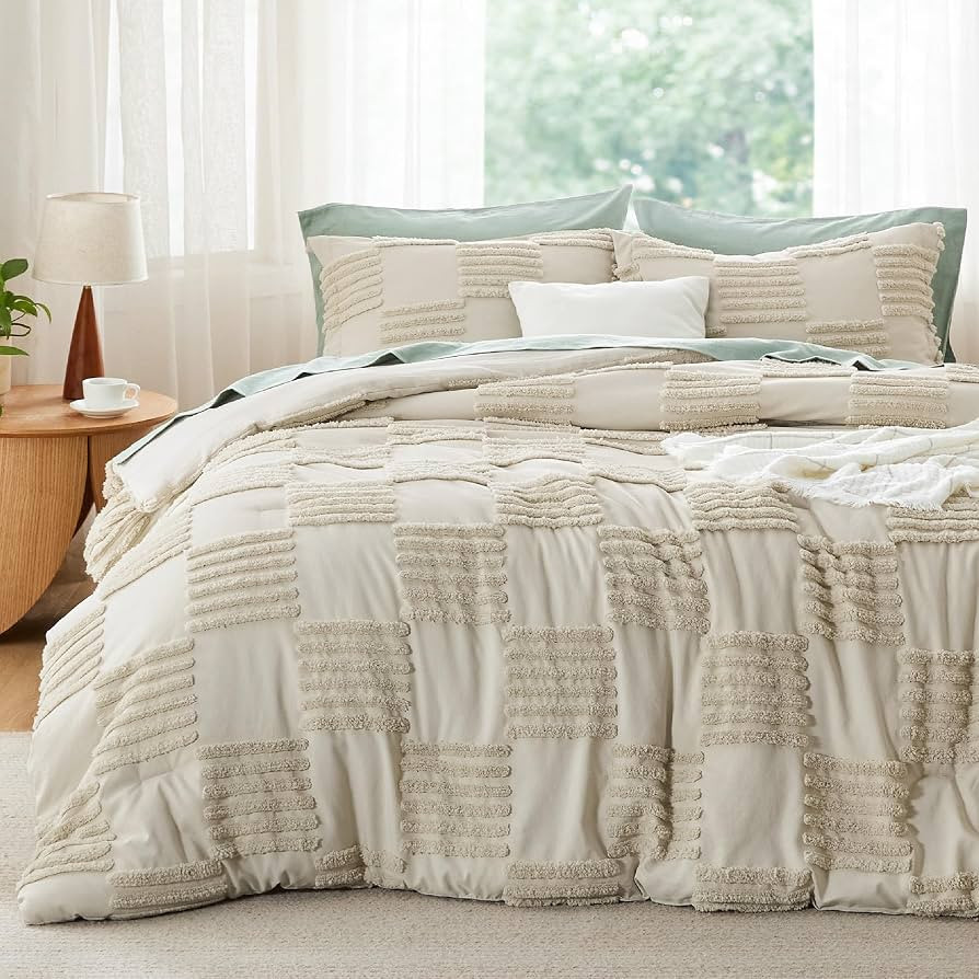 Bedsure Queen Size Comforter Set Linen, Boho Tufted Bed Set, Grande Checkered Farmhouse Shabby Ch... | Amazon (US)