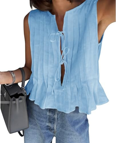 Cicy Bell Womens Bow Front Tie Tank Tops Pleated Babydoll Top Sleeveless Cute Coquette Shirt Summer Outfits Light Blue | Amazon (US)
