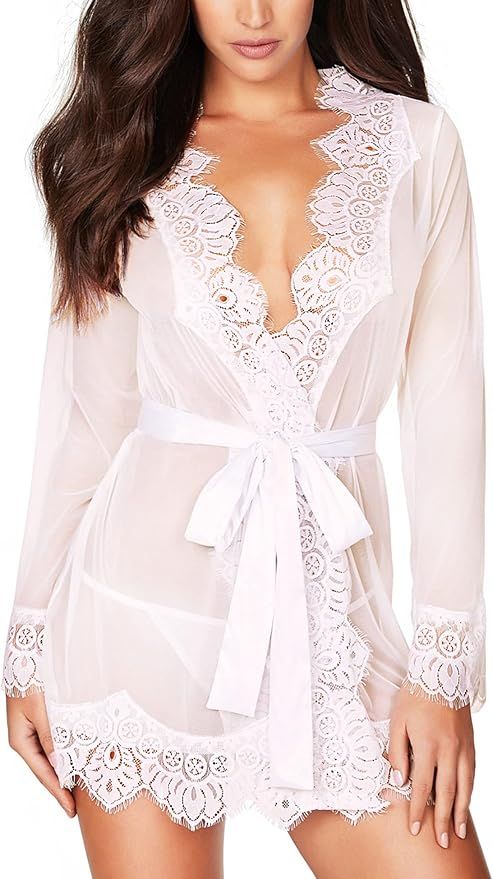 RSLOVE Women Lace Kimono Robe Sexy Babydoll Lingerie Mesh Cover Up Bridal Lingerie | Amazon (US)