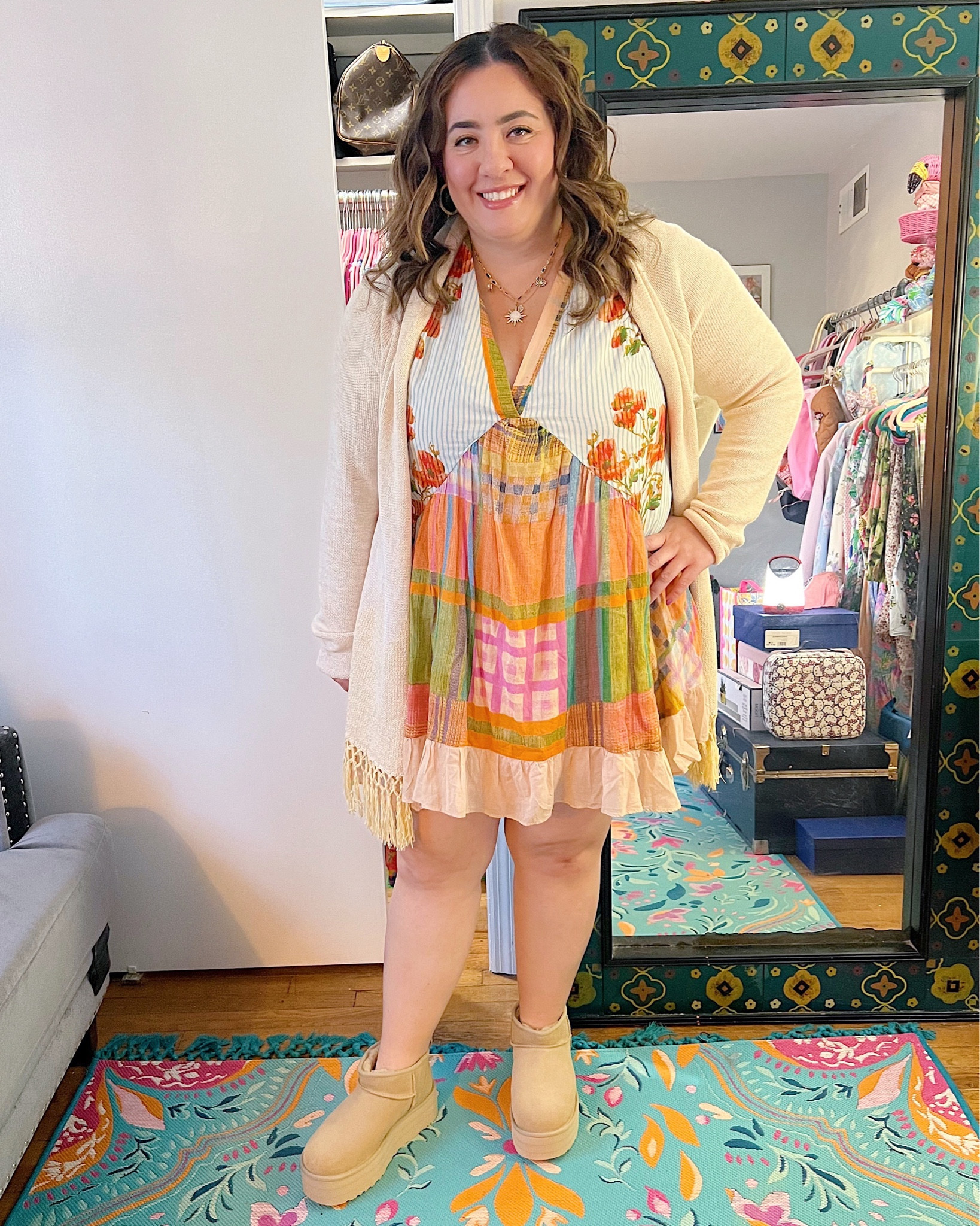 Mixed print boho mini dress - comes in 8 different colors/patterns. Fringe cardigan, Ugg ultra mini platform booties, casual fall outfit, boho outfit, charm necklace 

#LTKSeasonal #LTKmidsize #LTKshoecrush