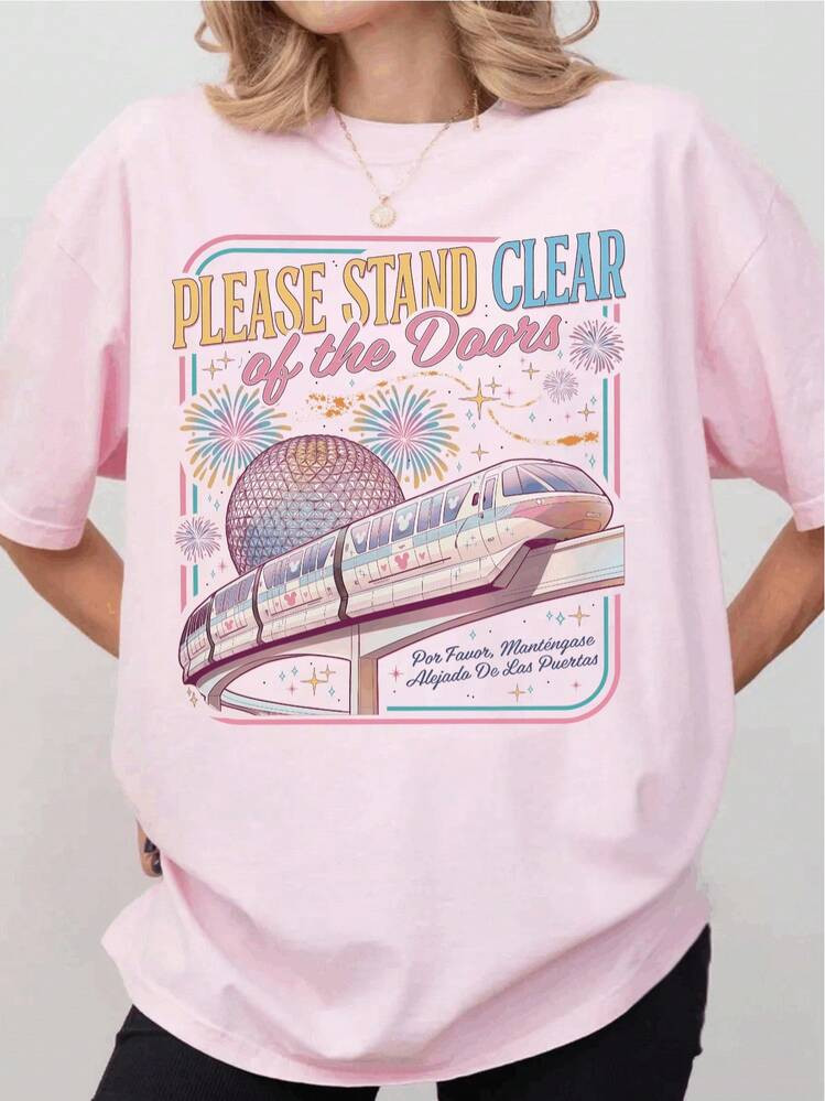 Please Keep The Entrance Pattern T-Shirt, Classic Monorail Transportation Quote T-Shirt, Theme Pa... | SHEIN