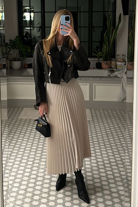 fall date night outfit - maxi skirt, tall boot, leather jacket 🖤 (the black skirts here come in a toasted ivory color too if you click them) 