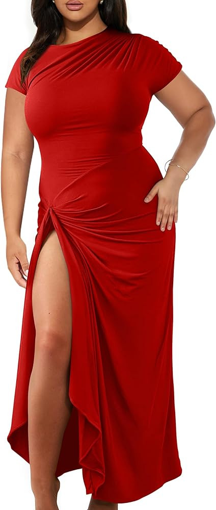 GOKATOSAU Women's Asymmetry Neck High Side Split Bodycon Ruched Plus Size Long Maxi Dress | Amazon (US)