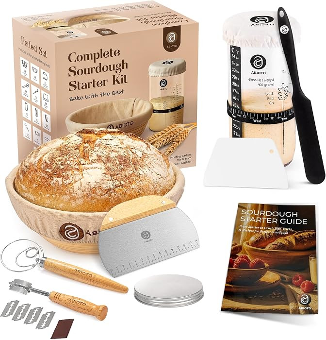 Complete Sourdough Supplies with 9" Round Banneton Proofing Basket and 24oz Starter Jar - Beginne... | Amazon (US)