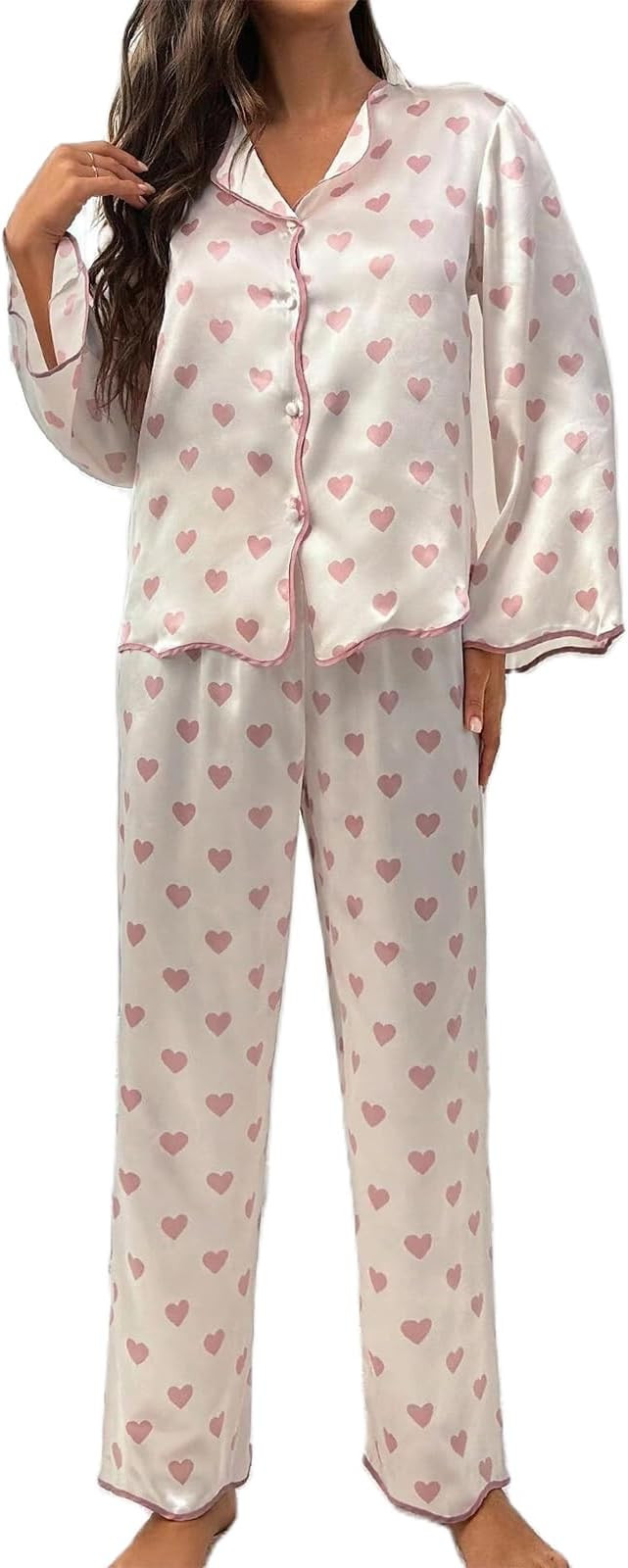 Women Valentine's Day Pajamas Set Long Sleeve Love Printed Satin PJ Sets Button-Down Pajama Sleep... | Amazon (US)