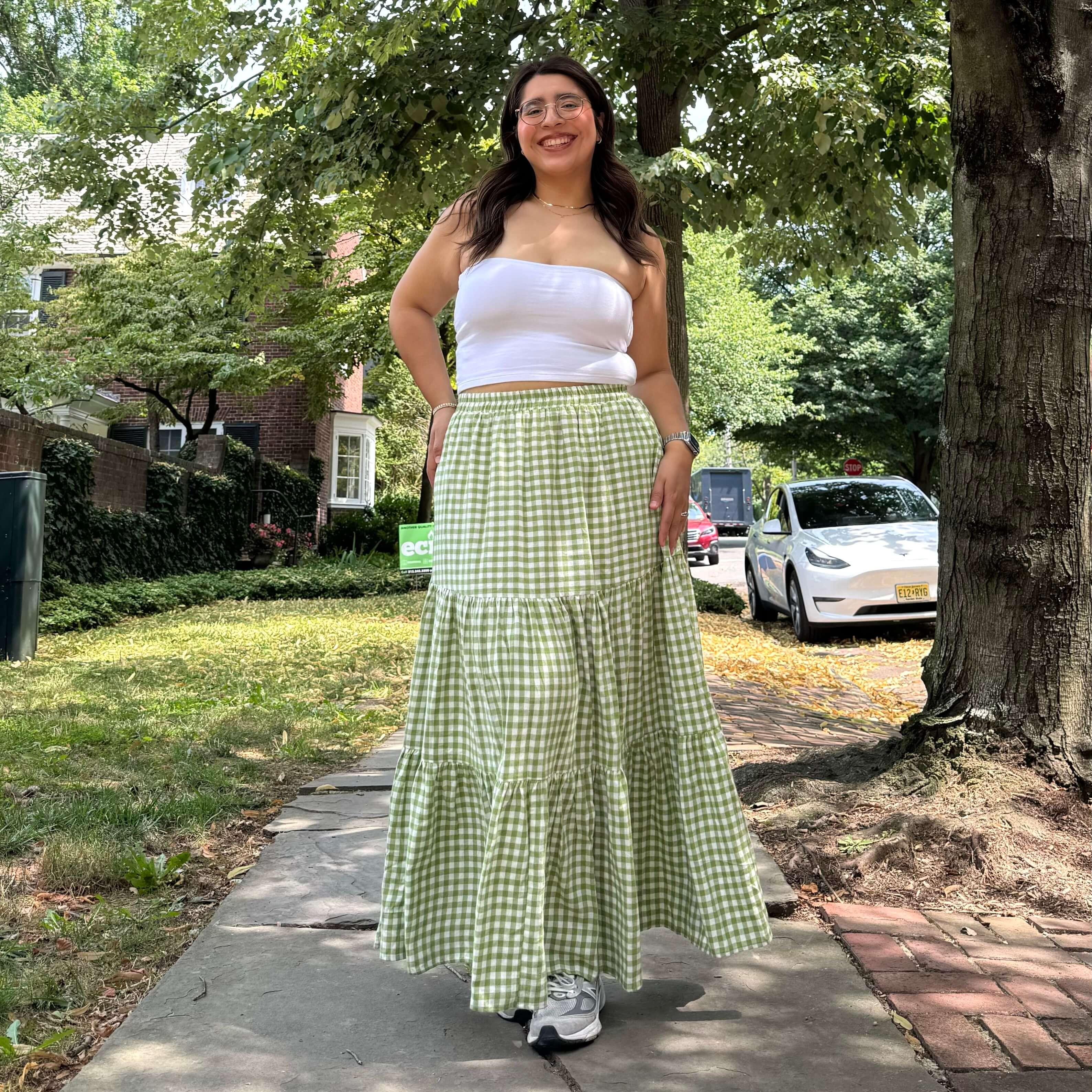 Gingham Long Skirt - Matcha | Shiny by Nature