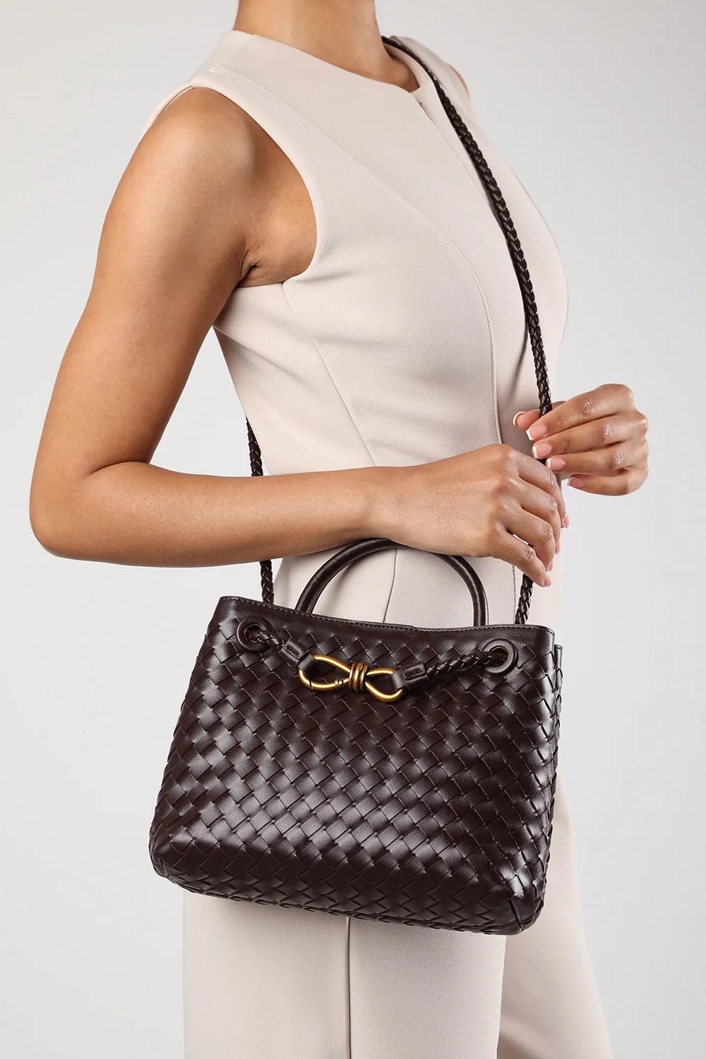 'Luna' Woven Leather Tote Bag With Gold Detail | Boohoo.com (UK & IE)