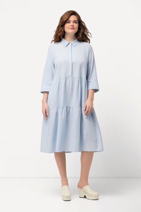 Tiered Linen Blend Collared 3/4 Sleeve Dress | Ulla Popken - US & CA
