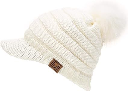 MIRMARU Women's Soft Warm Ribbed Knit Visor Brim Pom Pom Beanie Hat with Plush Lining (OFFWHITE) ... | Amazon (US)