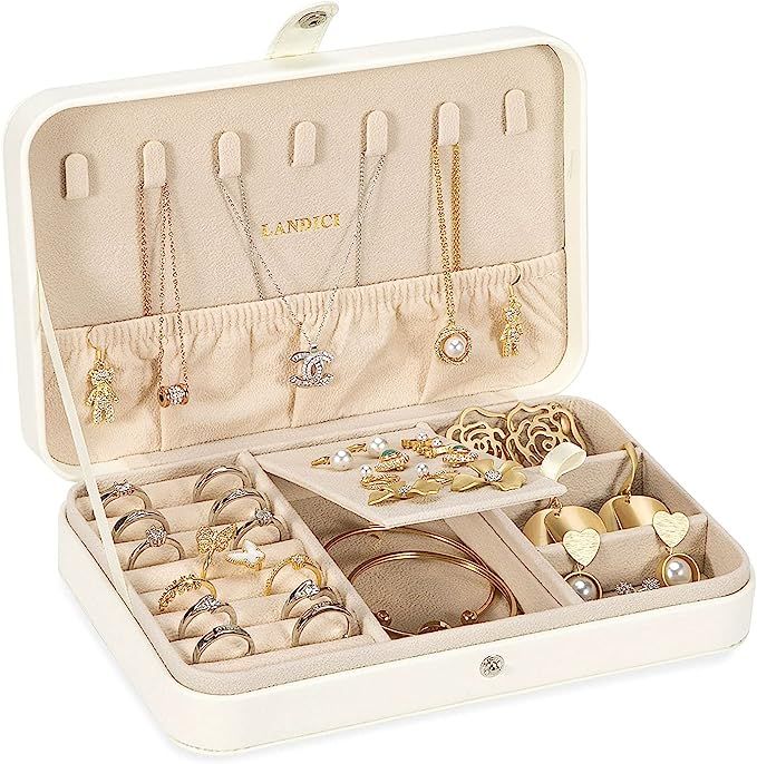 Amazon.com: LANDICI Small Jewelry Box for Women Girls, PU Leather Travel Jewelry Organizer Case, ... | Amazon (US)