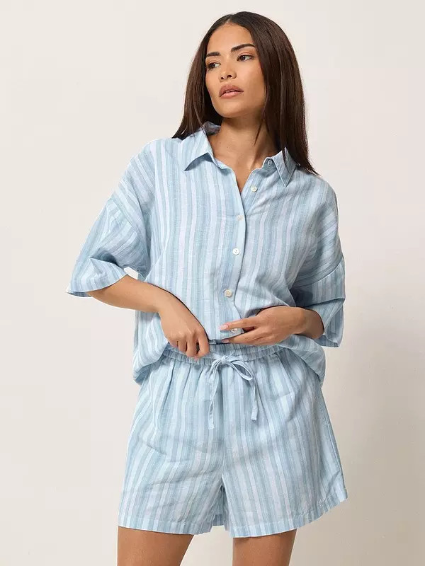PixieGirl Petite Stripe Short Sleeve Shorts Containing Linen - Blue | Very (UK)