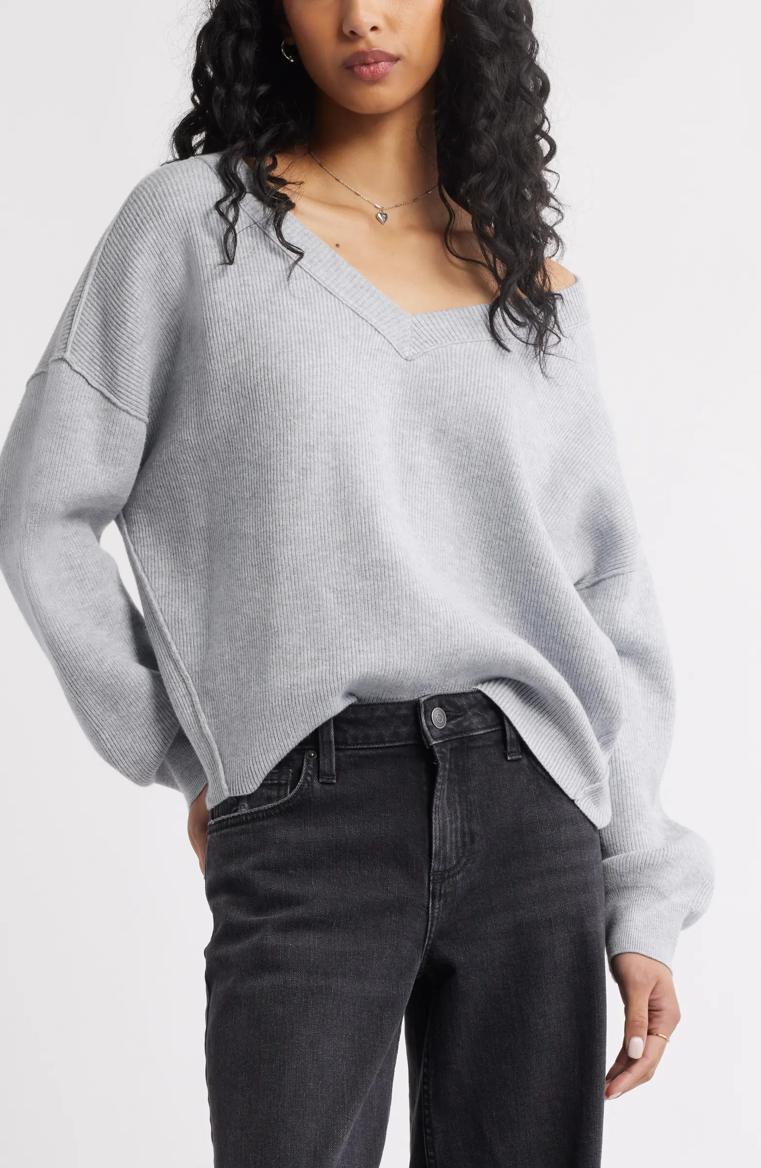 Seamed Oversize V-Neck Rib Sweater | Nordstrom