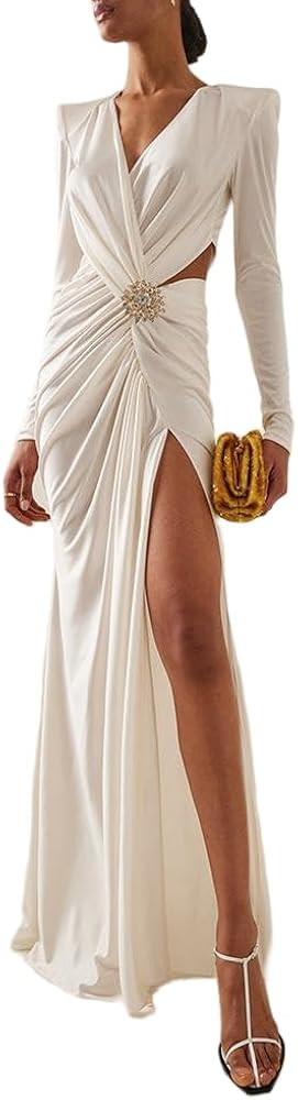 Women's Elegant Long-Sleeve Gathered Lace-Up V-Neck Cross-Front Bodycon Dress Bridesmaid Prom Eve... | Amazon (US)