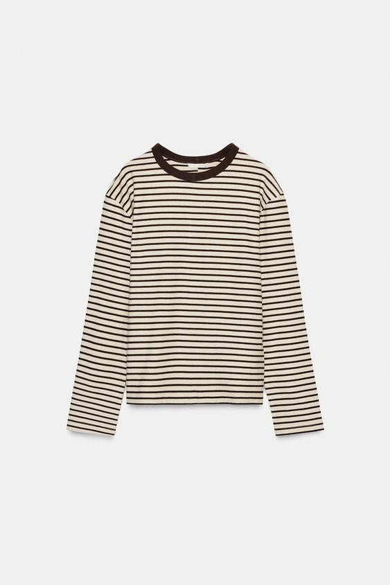 Zara - Striped Long Sleeve T-Shirt - Green Stripe - S - Woman | Zara UK