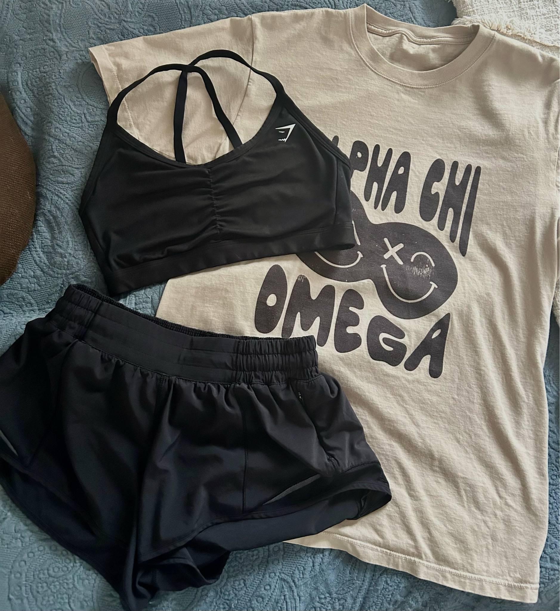 My running outfit for today, with my lululemon shorts, gym shark bra and alpha chi omega tee 

#LTKFitness