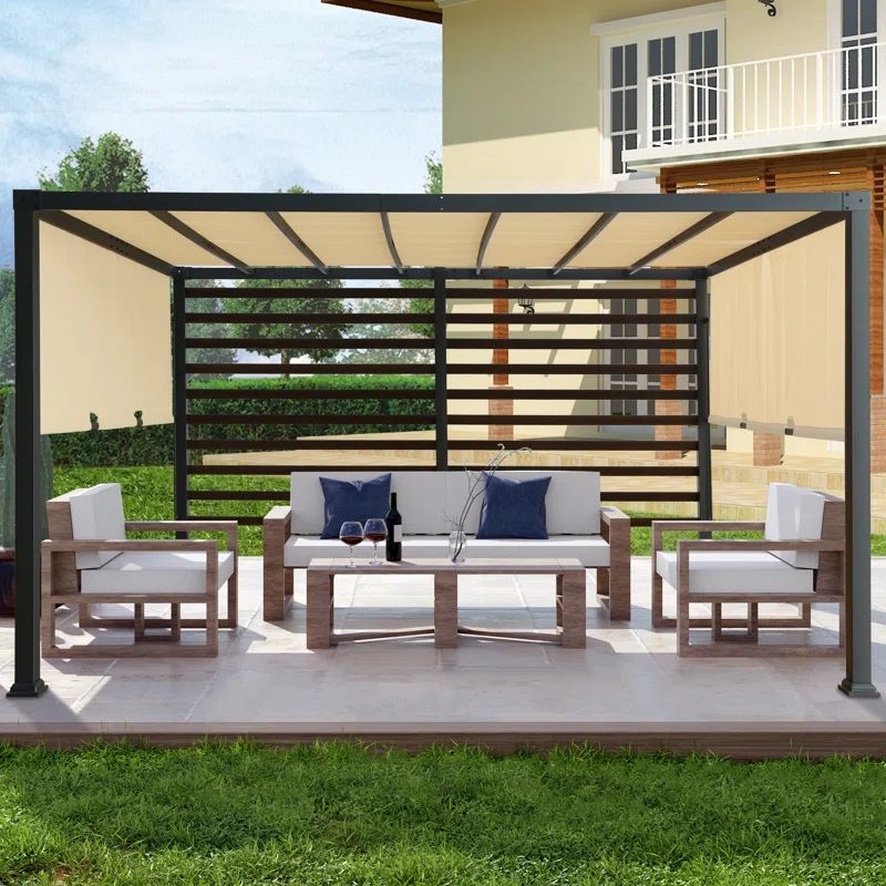12Ft. W x 10Ft. D Metal Frame with Retractable Textilene Shade Cover and Slat Wall Pergola | Wayfair North America