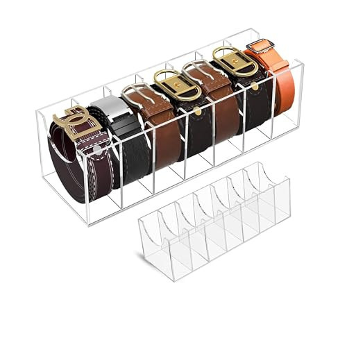 Acrylic Belt Organizer for Closet - 7 Compartments Transparent Storage Holder | Display Case for Makeup, Jewelry, Watches, Bow Tie, & Bracelets | Multipurpose Clear Containers & Versatile Design | Amazon (US)