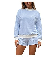 Mxiqqpltky Striped Sweat Sets for Women 2 Piece Shorts Outfits Y2k Long Sleeve High Neck Pullover... | Amazon (US)