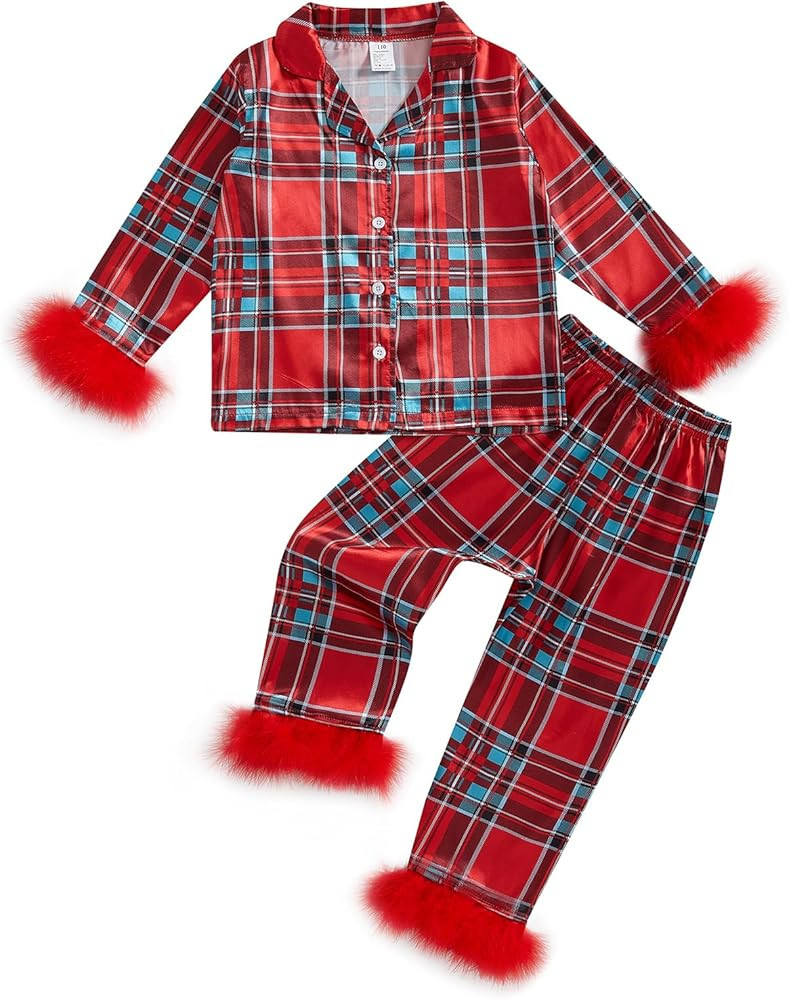 Toddler Kids Baby Girl Solid Pjs Ruffle Long Sleeve Button Shirt Top and Pants Cotton 2Piece Paja... | Amazon (US)