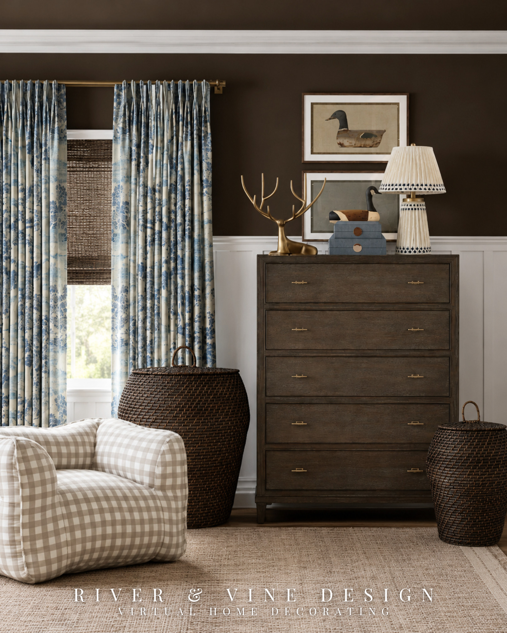 Kids’ room storage works harder when it feels like part of the design instead of something added as an afterthought.

A tall wood dresser provides substantial storage without taking up too much floor space, while the oversized woven baskets make it easier to hide blankets, toys, and everyday clutter. The duck artwork, sculptural accents, and blue decorative boxes carry the room’s sporting-inspired story onto this wall without making it feel overly themed.

The gingham chair adds a comfortable place to read or lounge, and its lighter pattern creates needed contrast against the chocolate brown walls and darker wood furniture.

kids bedroom storage ideas, traditional kids room decor, tall wood dresser, woven storage baskets, gingham kids chair, duck wall art, brown and blue bedroom, classic shared bedroom

I may receive a commission from purchases made through my links.
 

 #LTKHome #LTKKids