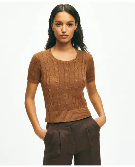 Brooks Brothers Women's Cable Knit Short-Sleeve Top In Linen | Medium Brown | Brooks Brothers