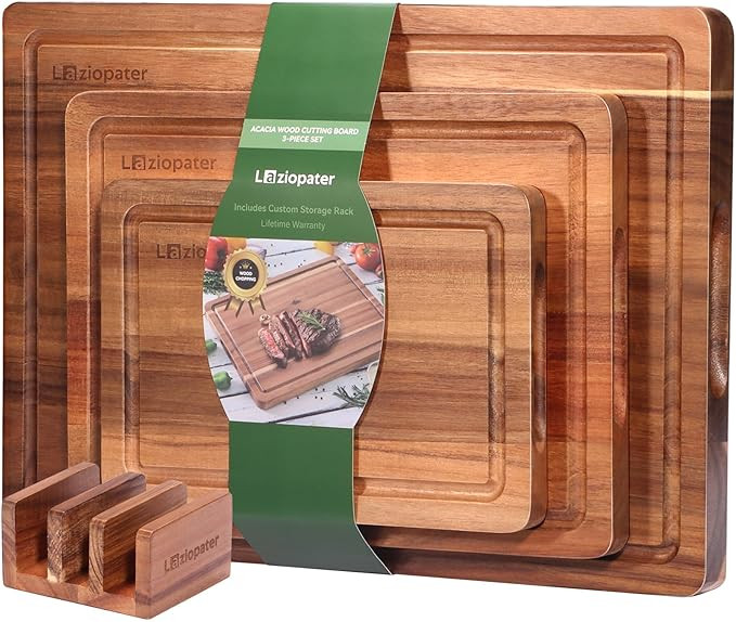 Acacia Wood Cutting Board，Solid Wood Cutting Board for Kitchen with Holder with Deep Juice Groo... | Amazon (US)