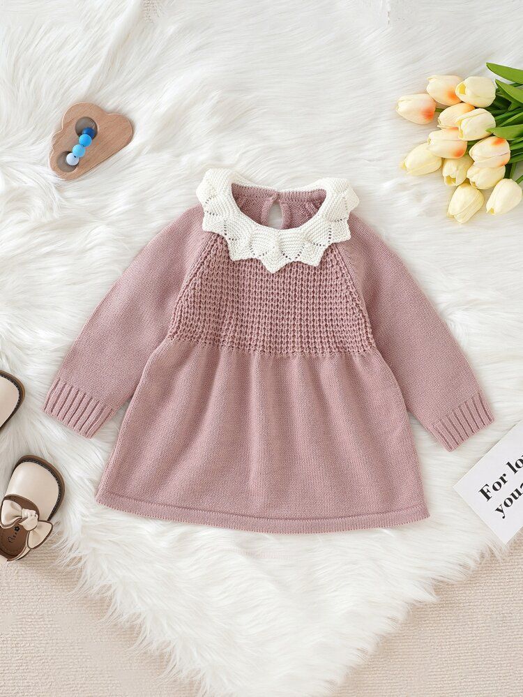 Baby Contrast Collar Keyhole Back Raglan Sleeve Ribbed Knit Sweater Dress | SHEIN
