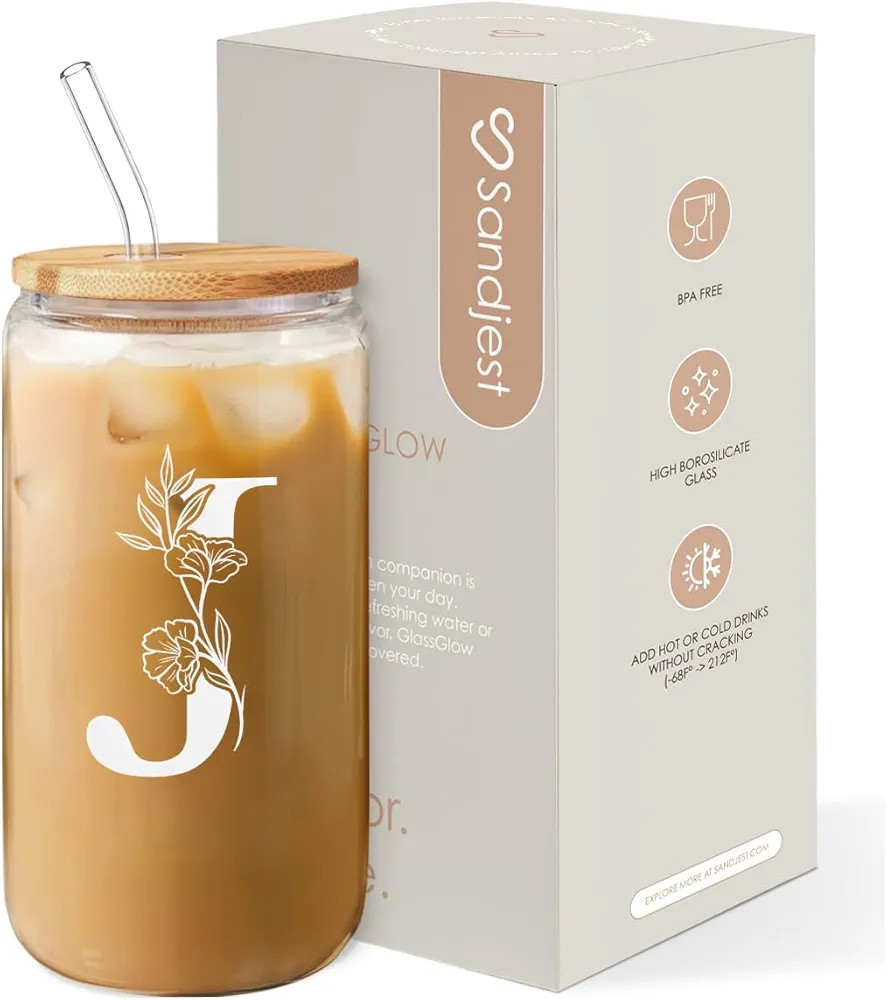 SANDJEST Monogrammed Gifts for Women - Monogram J Initial Glass Cup 16 Oz Can Coffee Cups with Li... | Amazon (US)
